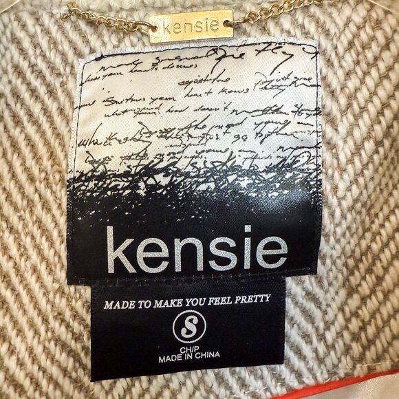 Kensie Herringbone Coat Small Beige Full Zip Ribbed Collar Cozy Chic - Picture 2 of 10